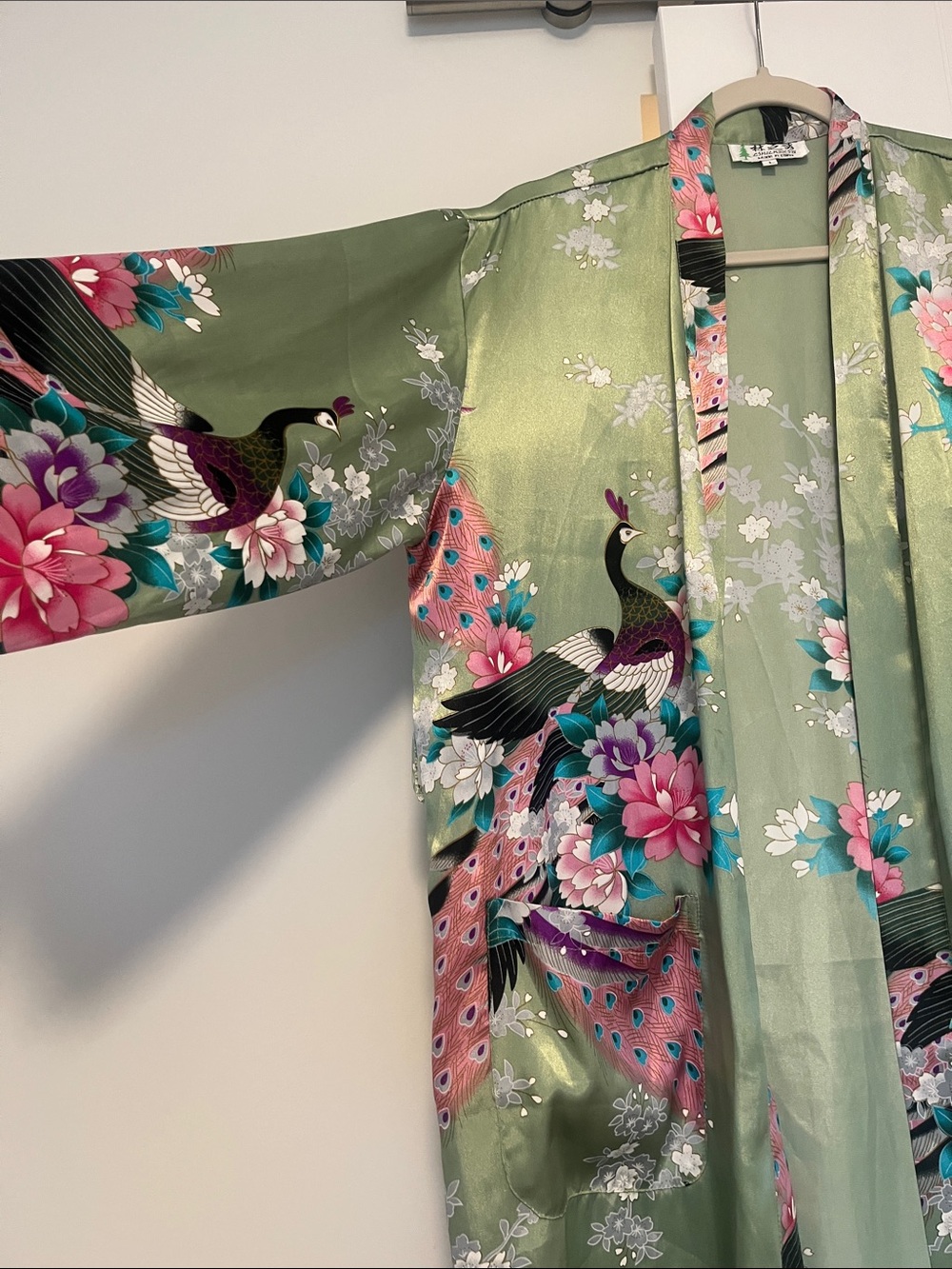 Light Green Floral & Peacock Satin Kimono Jacket